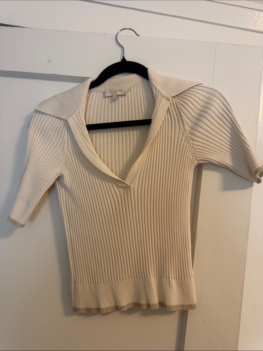 Ramy Brook Cream Ribbed Polo Knit Top